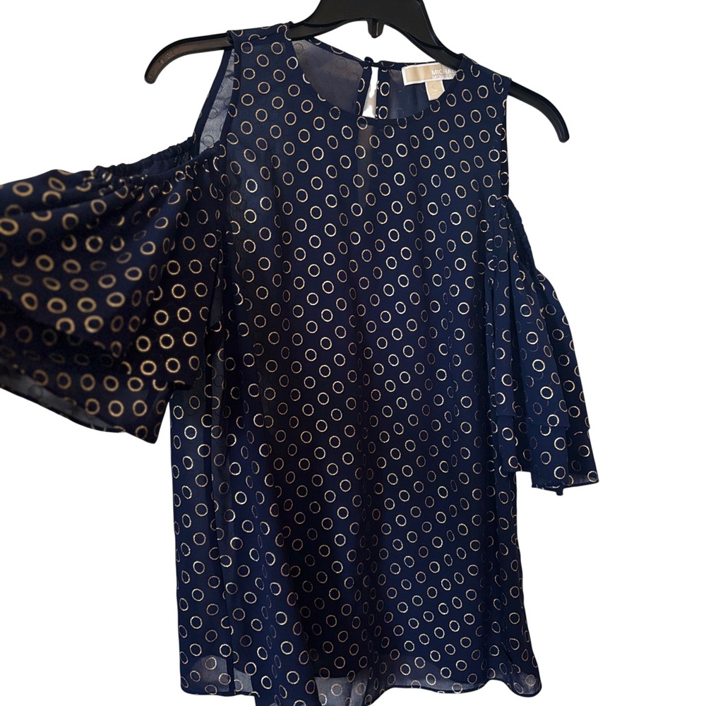 Michael Michael Kors Women's Cold Shoulder Blouse Medium Blue Gold Metallic Ring